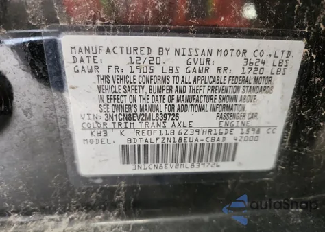 2021 Nissan Versa Sv z USA, uszkodzony, nr VIN 3N1CN8EV2ML839726
